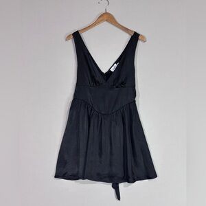 Hello Molly Black Satin Mini Dress V Neck Flowy Fit Flare Luxe Chic